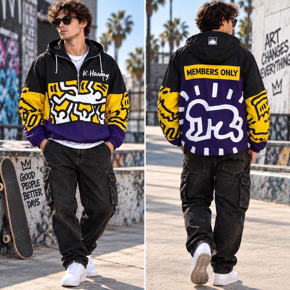 Members Only x Keith Haring Colorblock Windbreaker Anorak Jacket. Size M Moshpit